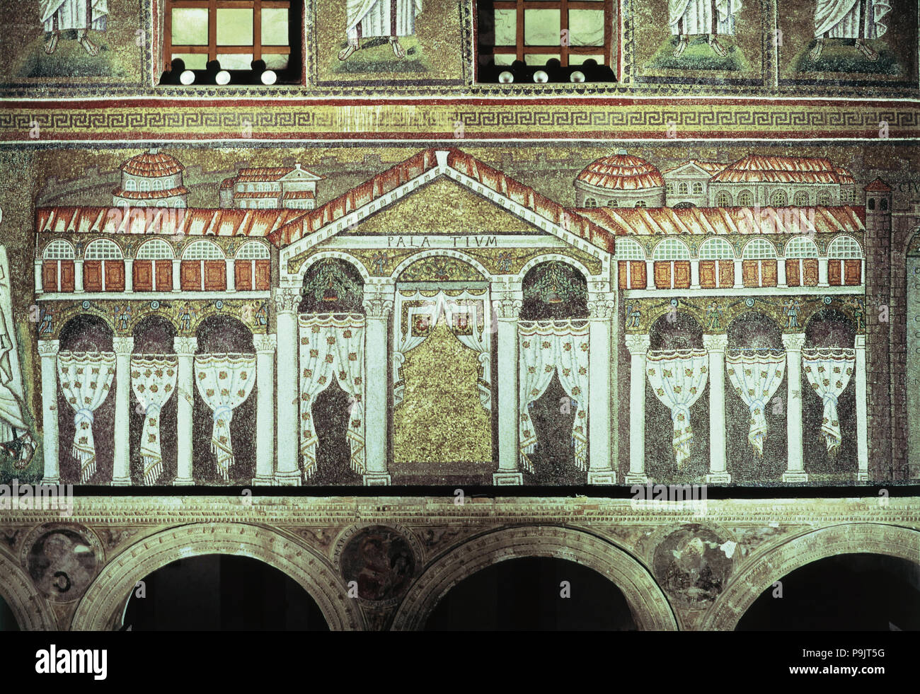 Mosaic representing the palace of Theodoric in San Apollinaire Nuovo, Ravenna. Stock Photo