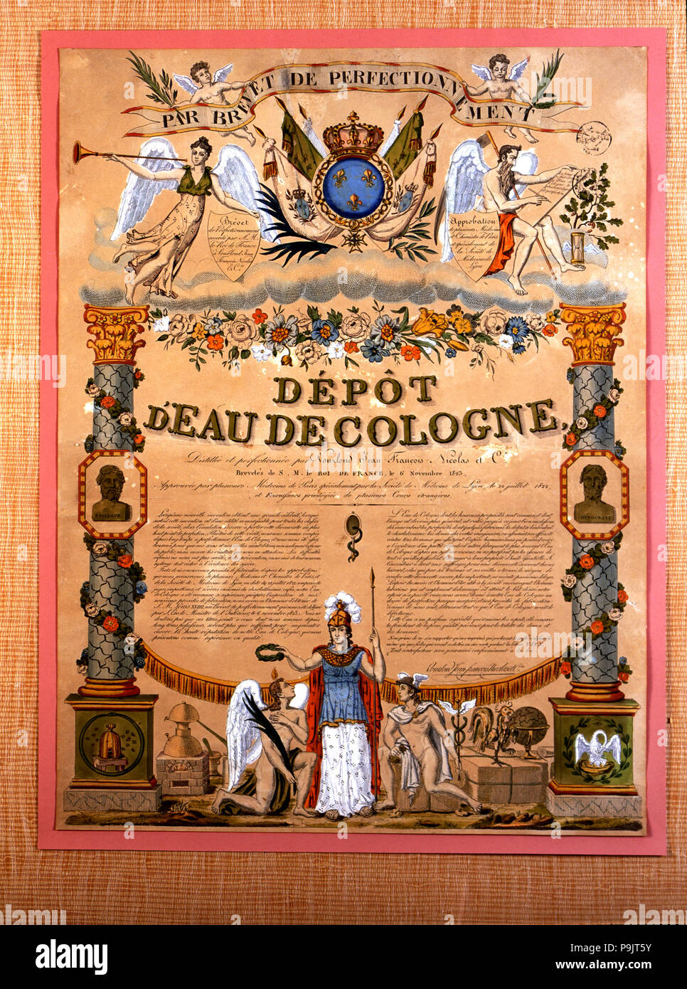 Poster 'Depot d'eau de cologne', hand painting, Paris ca. 1823. Stock Photo