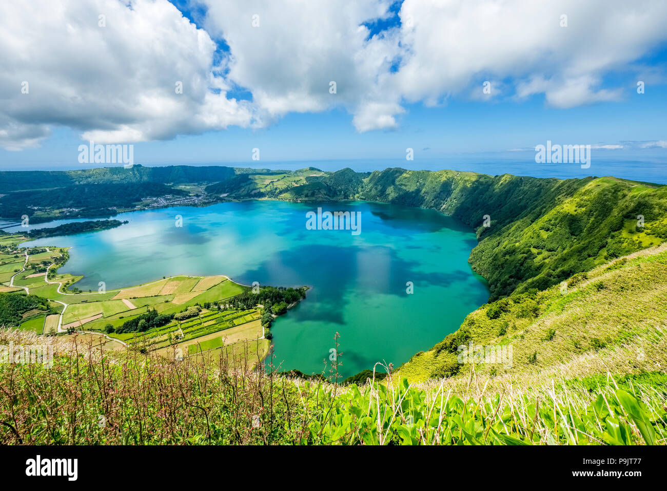 Sete Cidades, two lakes and a village in the dormant crater of a volcano on the island of Sao Miguel, The Azores Stock Photo