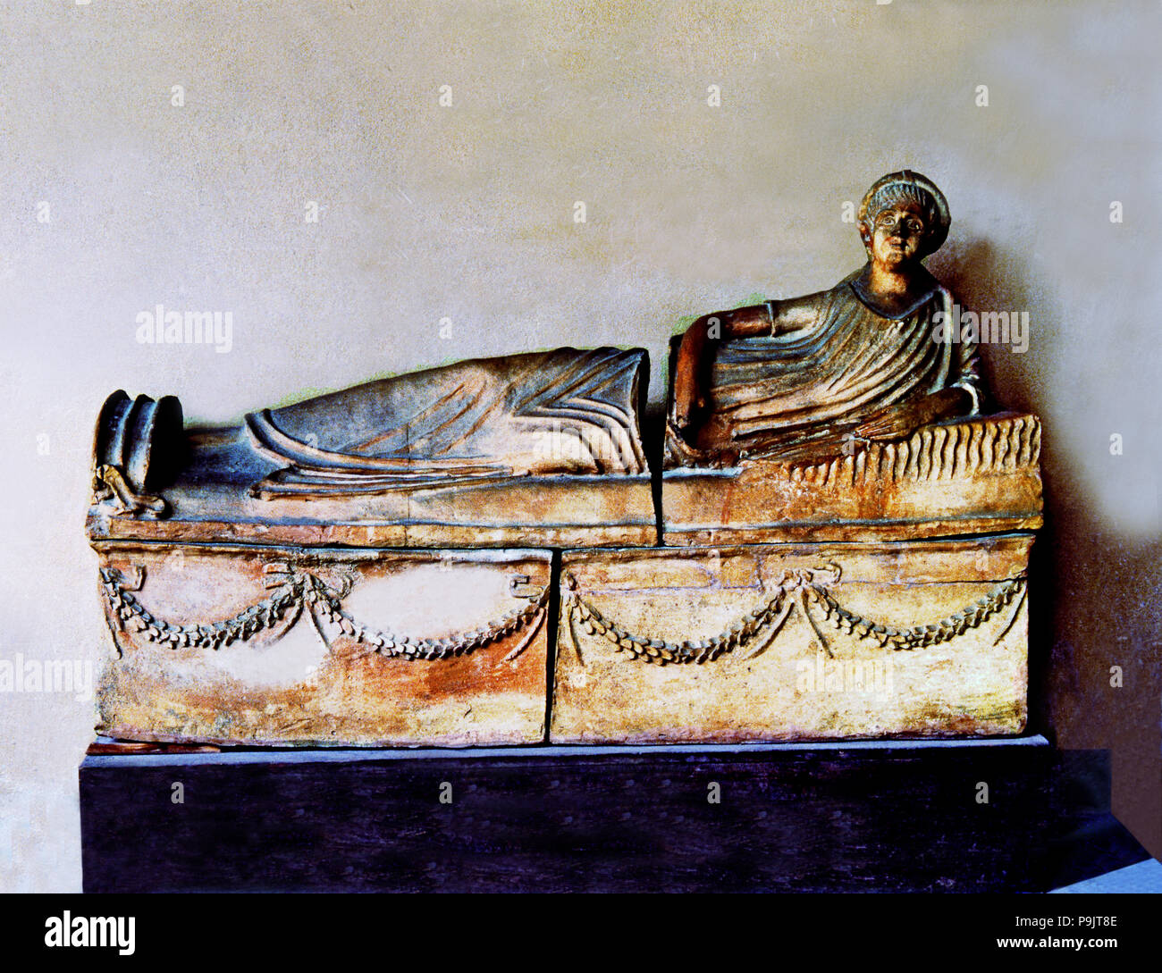Etruscan terracotta sarcophagus with the image of the deceased. Stock Photo