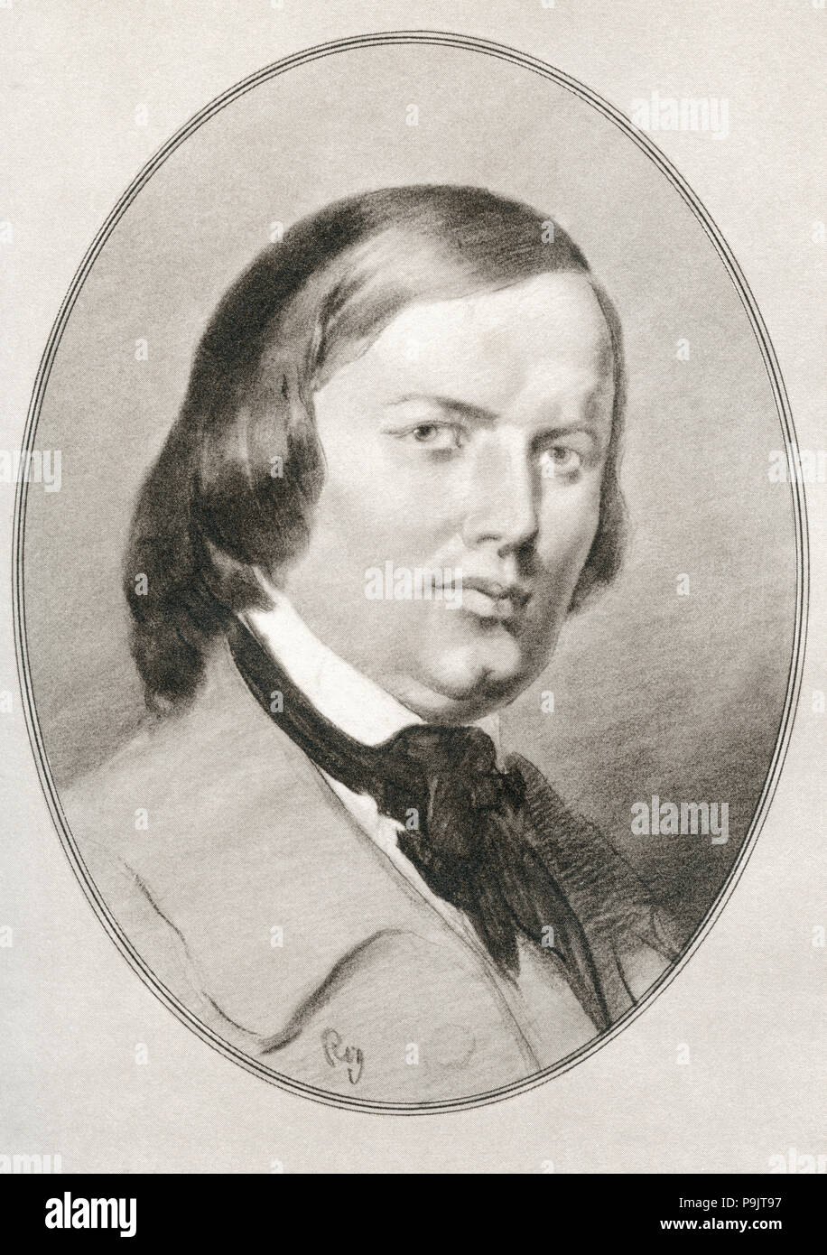 Robert Schumann, 1810 – 1856.  German composer and an influential music critic.  Illustration by Gordon Ross, American artist and illustrator (1873-1946), from Living Biographies of Great Composers. Stock Photo