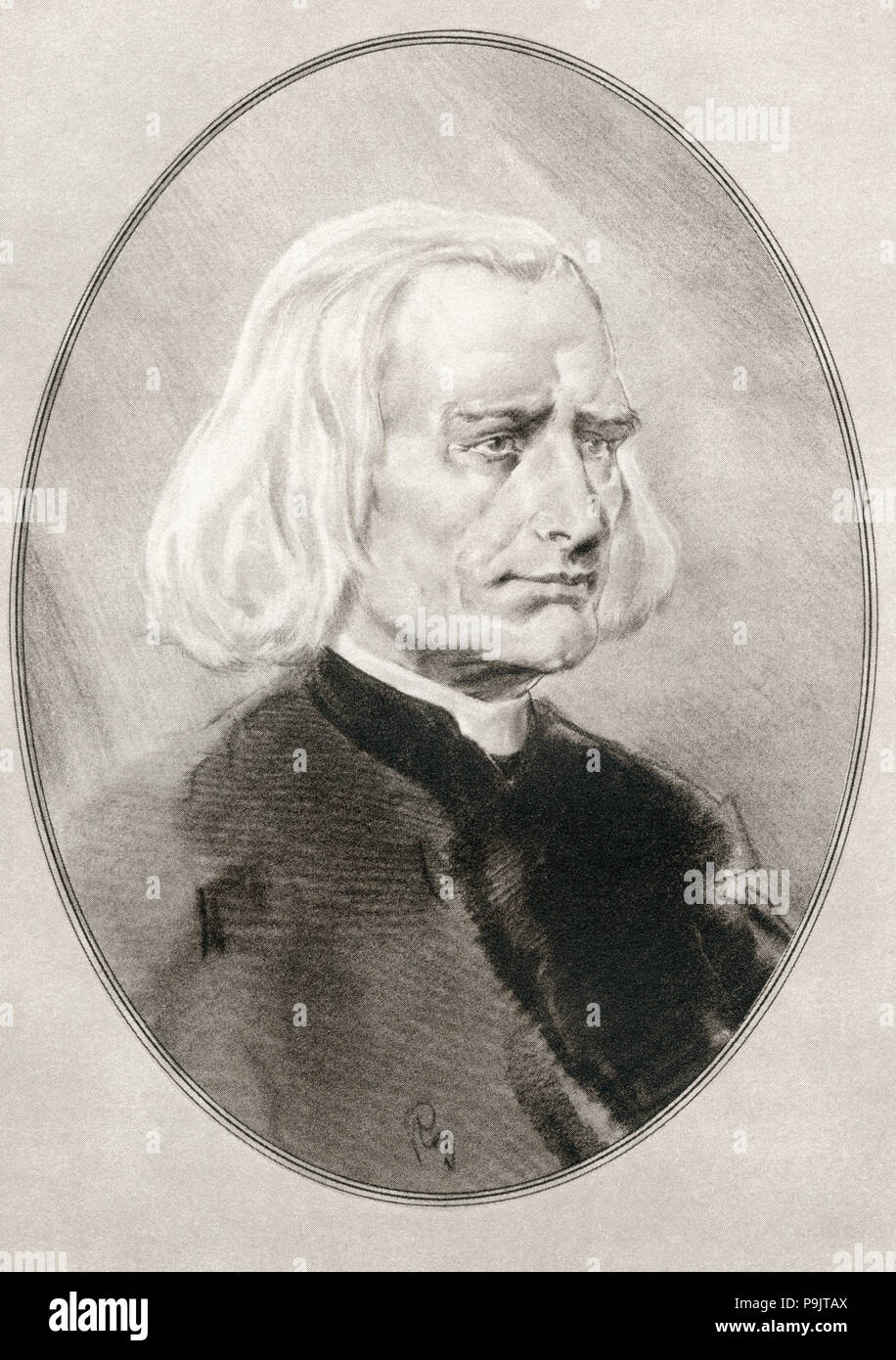 Franz Liszt, 1811 – 1886.  Hungarian composer, virtuoso pianist, conductor, music teacher, arranger, organist, philanthropist, author, nationalist and a Franciscan tertiary.  Illustration by Gordon Ross, American artist and illustrator (1873-1946), from Living Biographies of Great Composers. Stock Photo