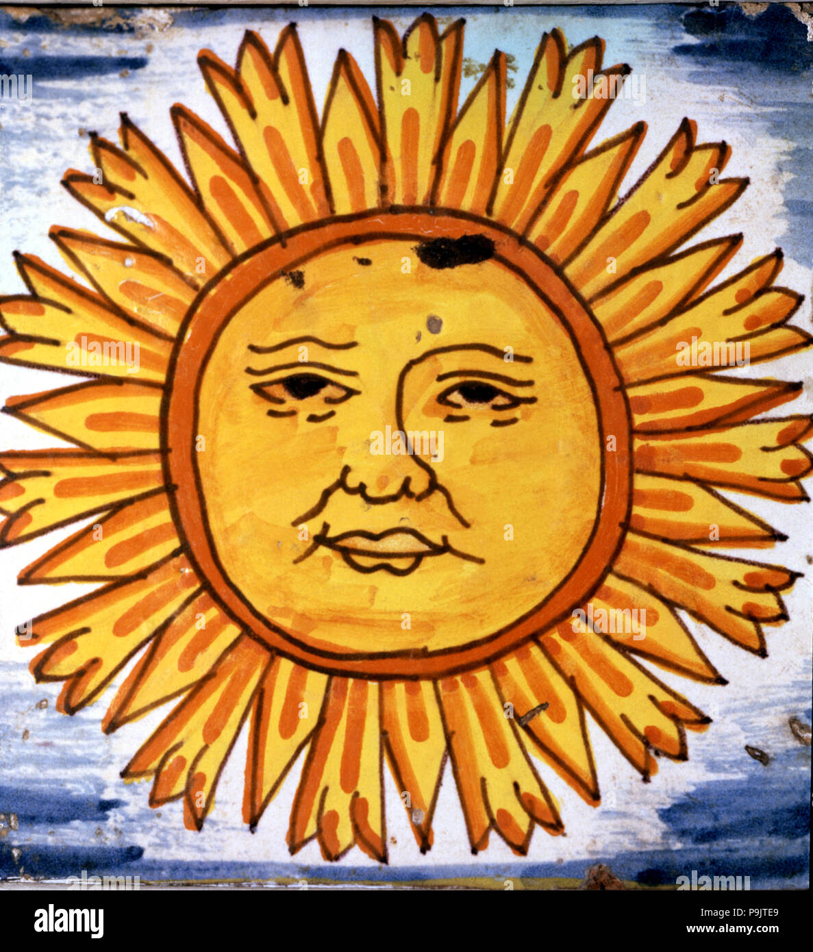 Sun', thematic element from the 'Hallelujahs of the Sun and the Moon', Catalan polychromed tile. Stock Photo