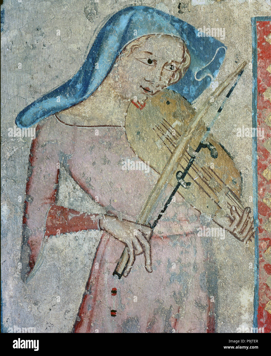 'Courtier or minstrel playing a musical instrument', wall painting from the refectory of the Cat… Stock Photo