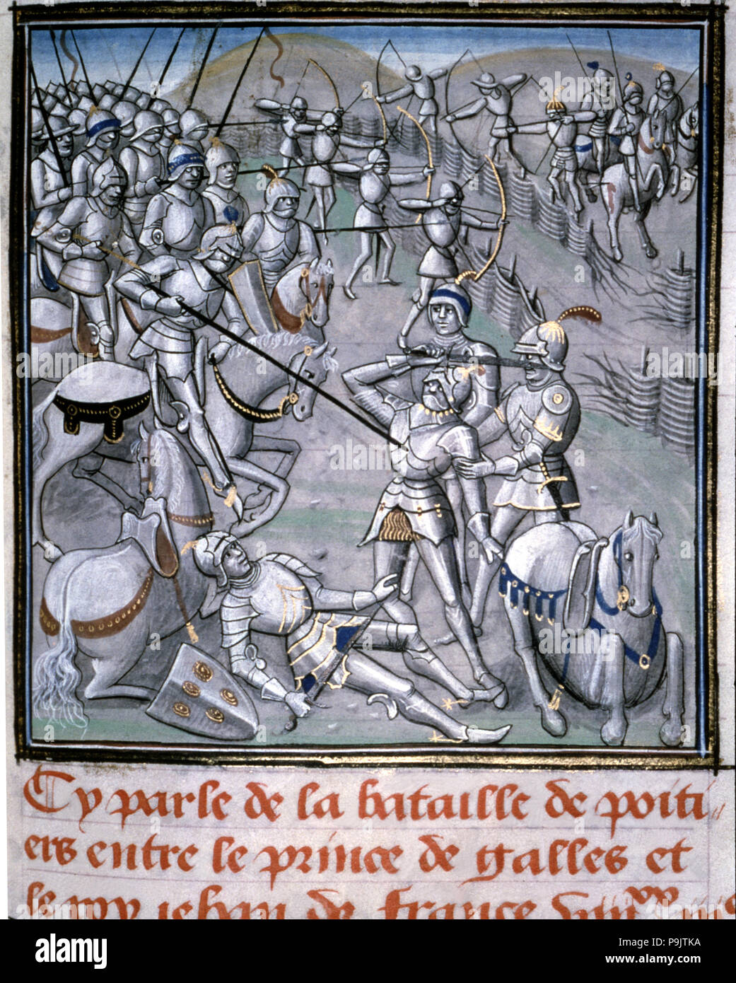 Battle of Poitiers (732), with Carlos Martel winner of the Arabs. Miniature of 'Chroniques of Jea… Stock Photo