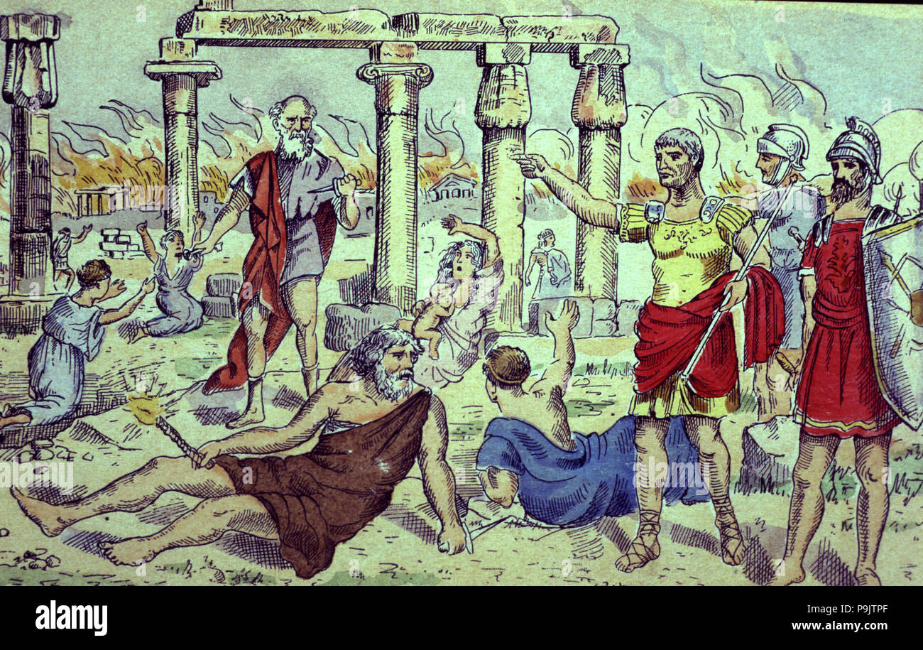 Destruction of Numancia by Roman troops of Publio Cornelio Scipio Emiliano, 133 a.C., drawing of … Stock Photo