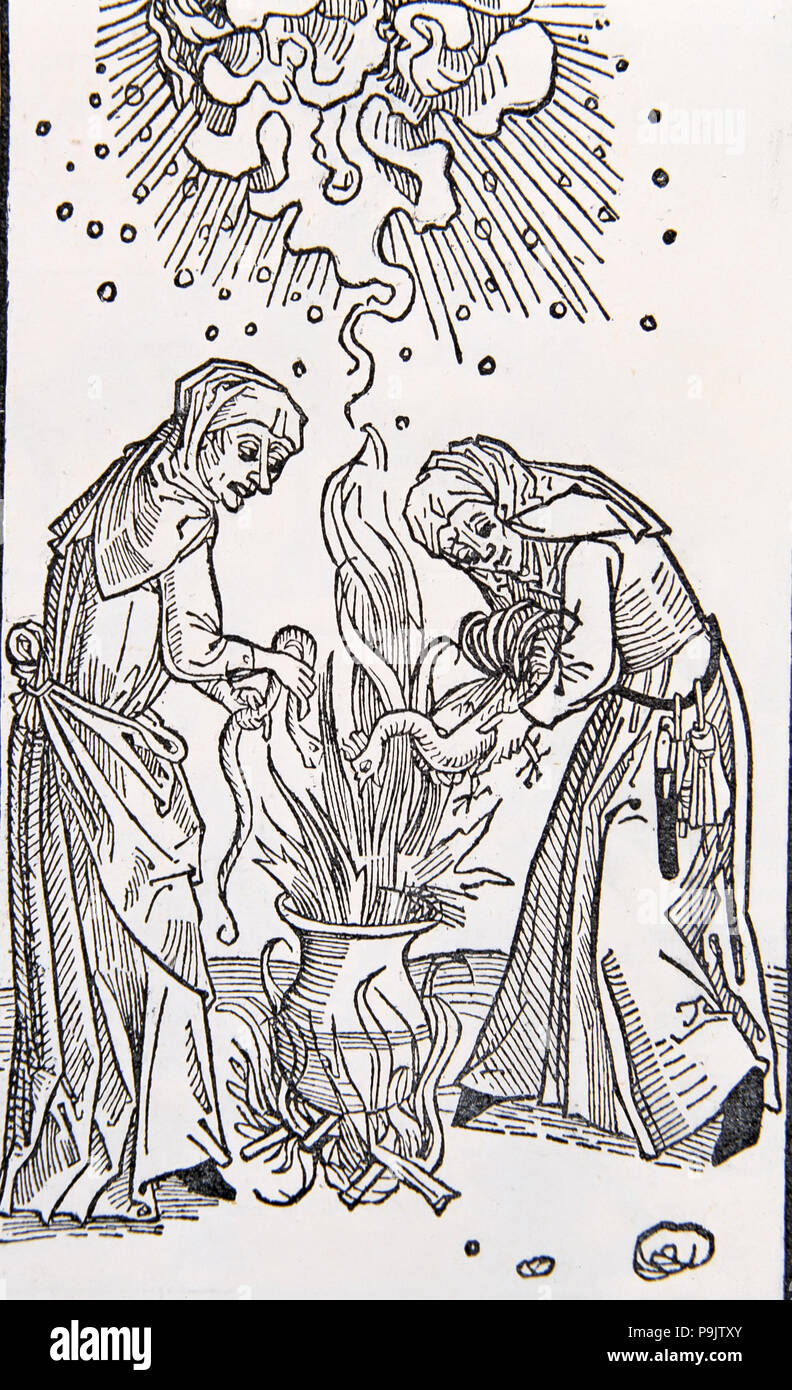 Engraving from the German work 'Treaty of evil women called witches' by Dr. Ulrich Molitor, publi… Stock Photo