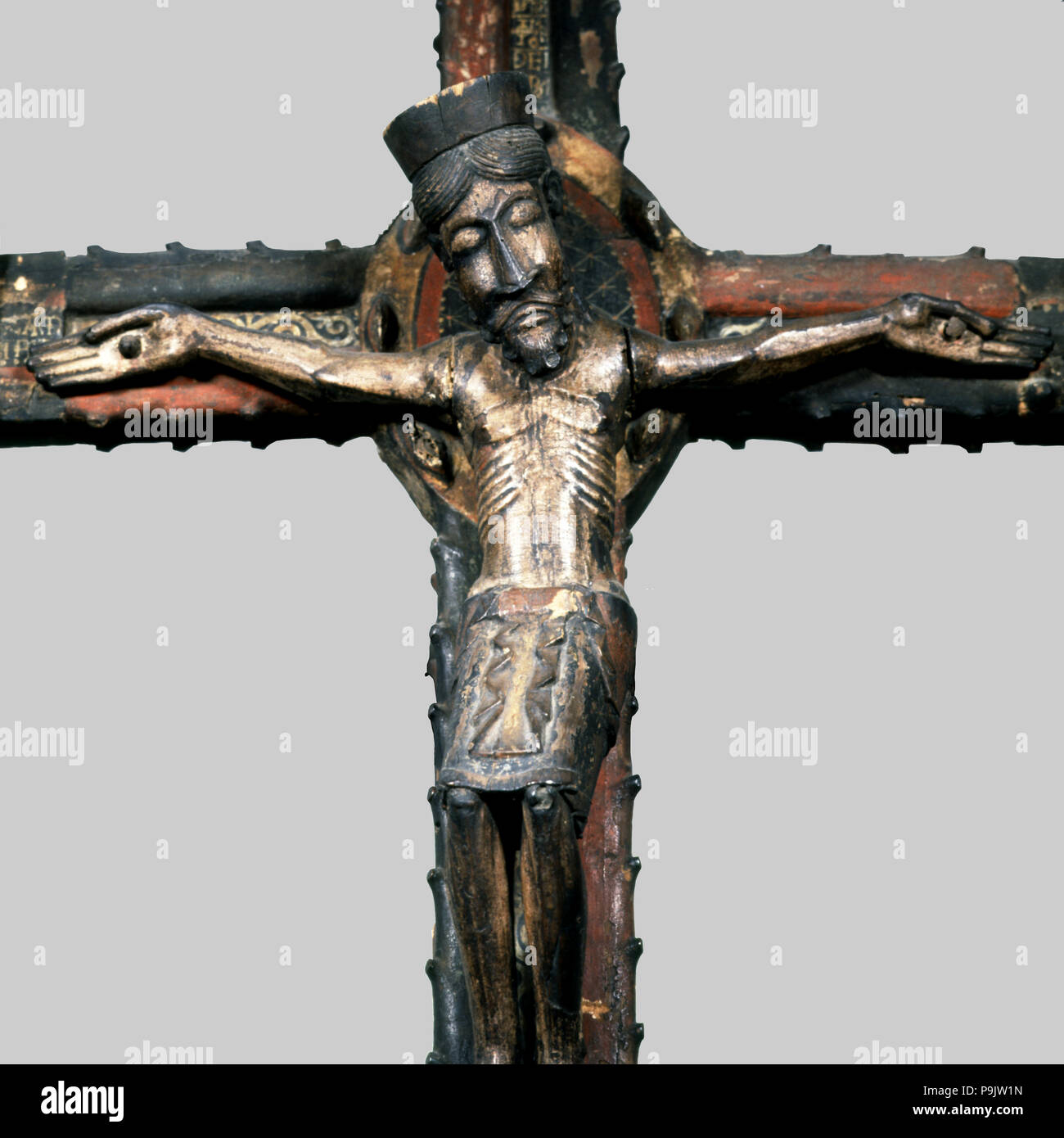 Detail of the calvary with the Virgin and Saint John called Tragó de Noguera. Stock Photo