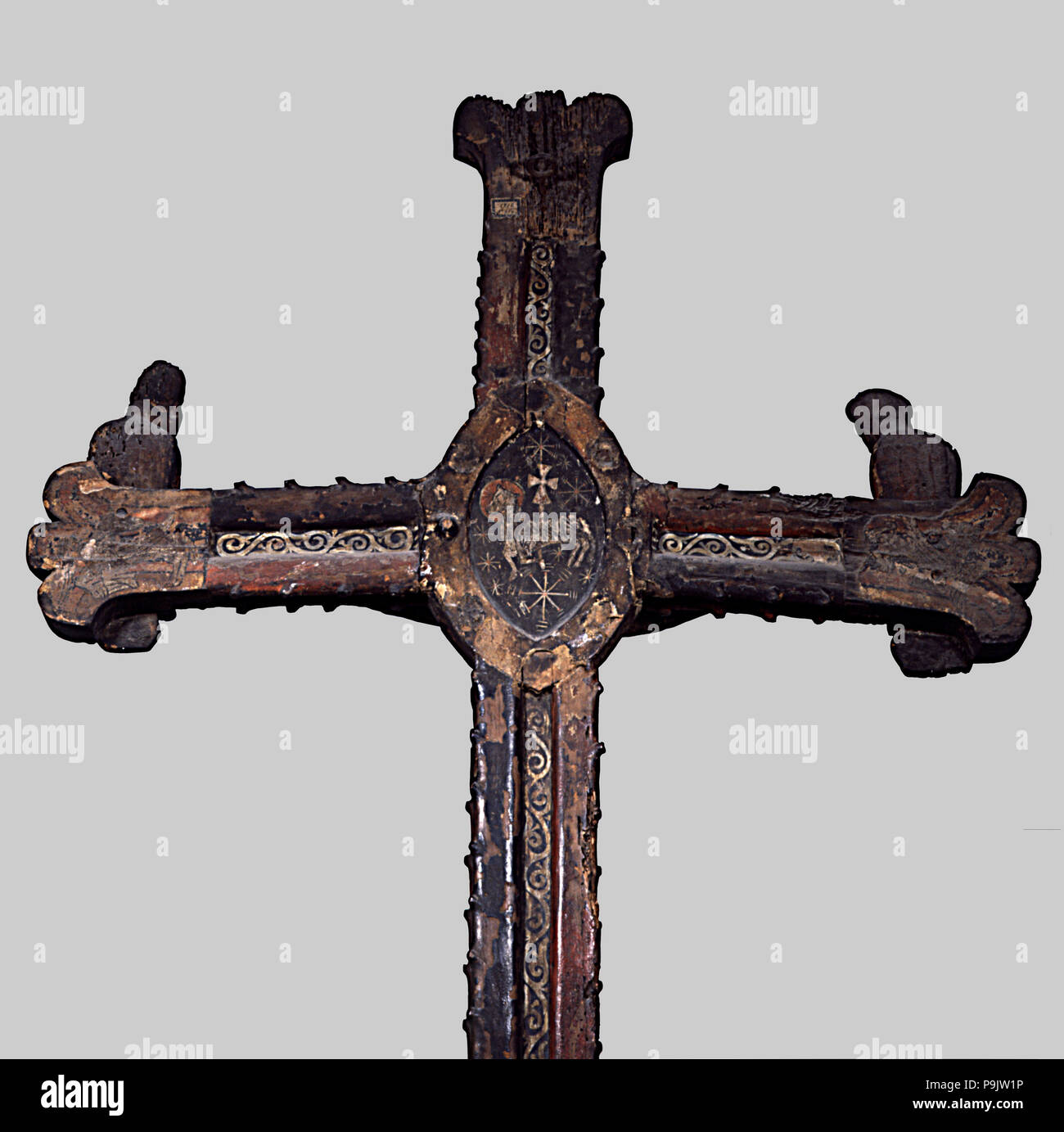 Back side of the calvary with the Virgin and Saint John called Tragó de Noguera. Stock Photo