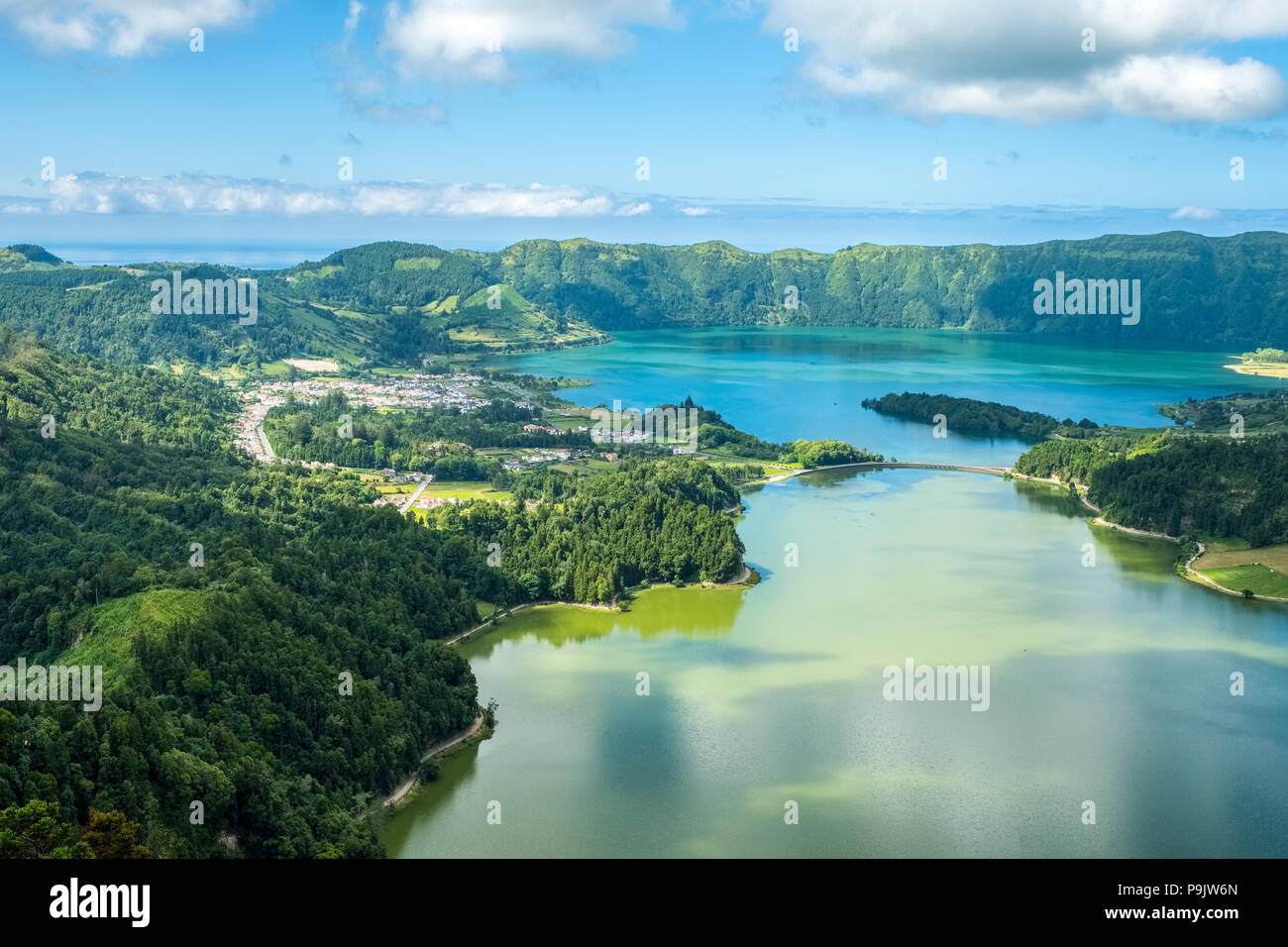 Sete Cidades, two lakes and a village in the dormant crater of a volcano on the island of Sao Miguel, The Azores Stock Photo