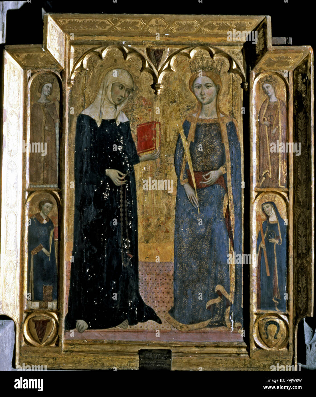 Central table of an altarpiece with Saint Martha and Saint Margaret, c. 1360. Stock Photo