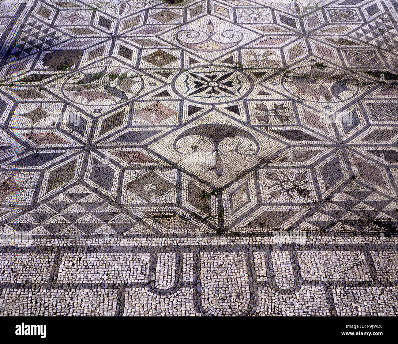 Mosaic in Birds house, in the Roman ruins of Italica founded in 206.C. by Scipio. Stock Photo
