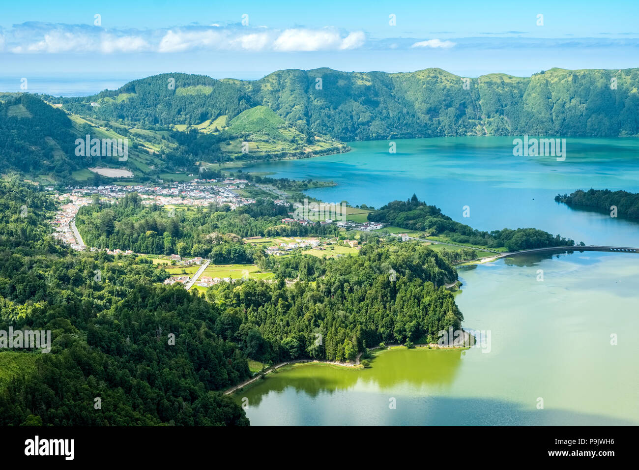 Sete Cidades, two lakes and a village in the dormant crater of a volcano on the island of Sao Miguel, The Azores Stock Photo