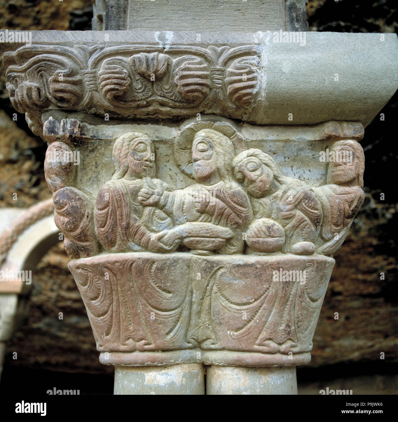 Capitel representing 'The Last Supper', in the cloister of the monastery of San Juan de la Peña (… Stock Photo