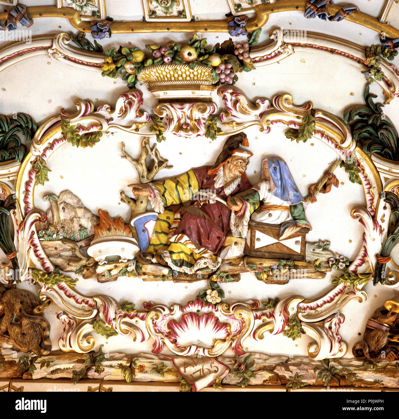 Royal Palace of Aranjuez, detail of the decoration of the porcelain room. Stock Photo