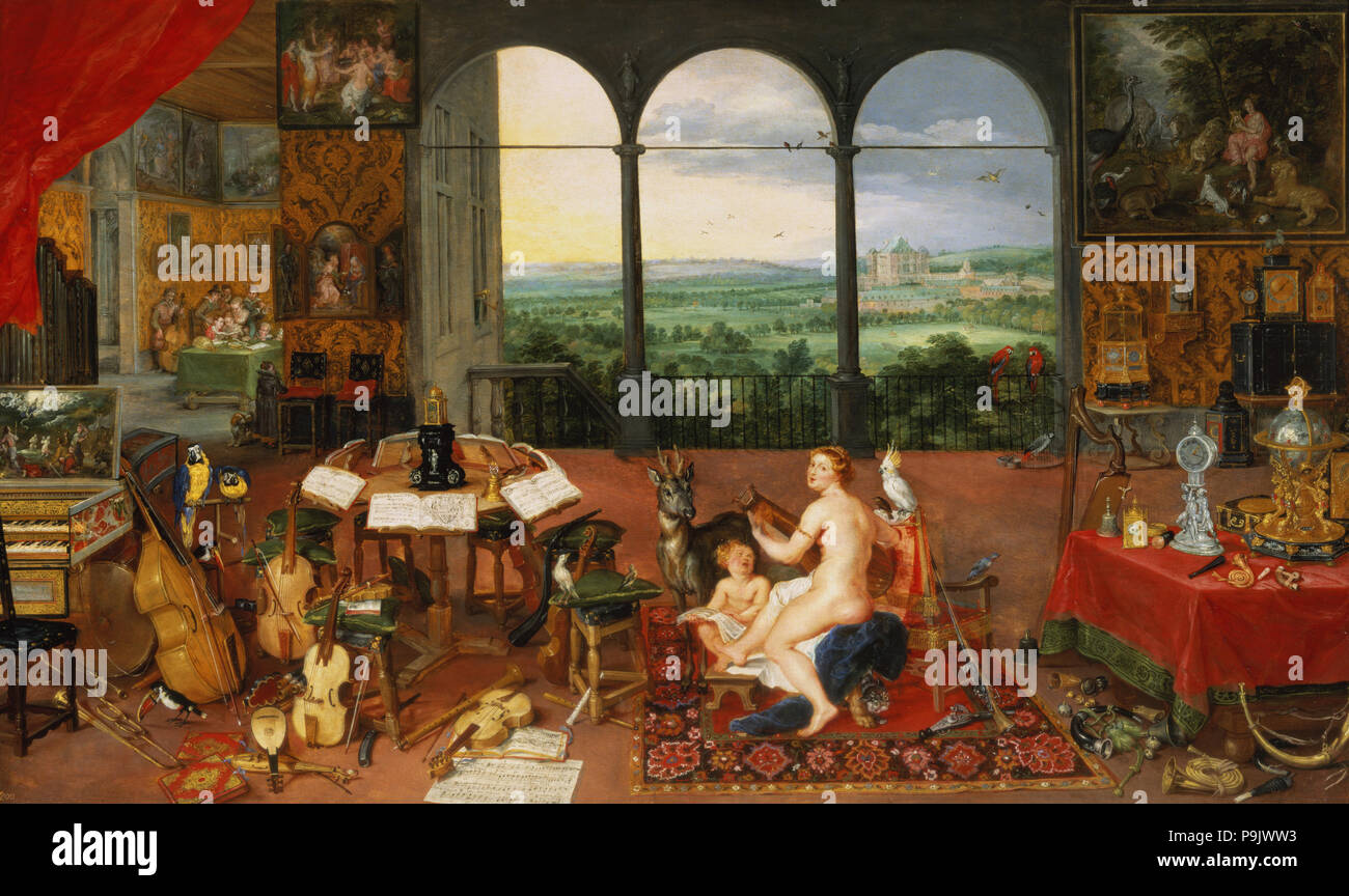 The Hearing', represented by a naked nymph singing with a lute, at her side a winged cherub and a… Stock Photo