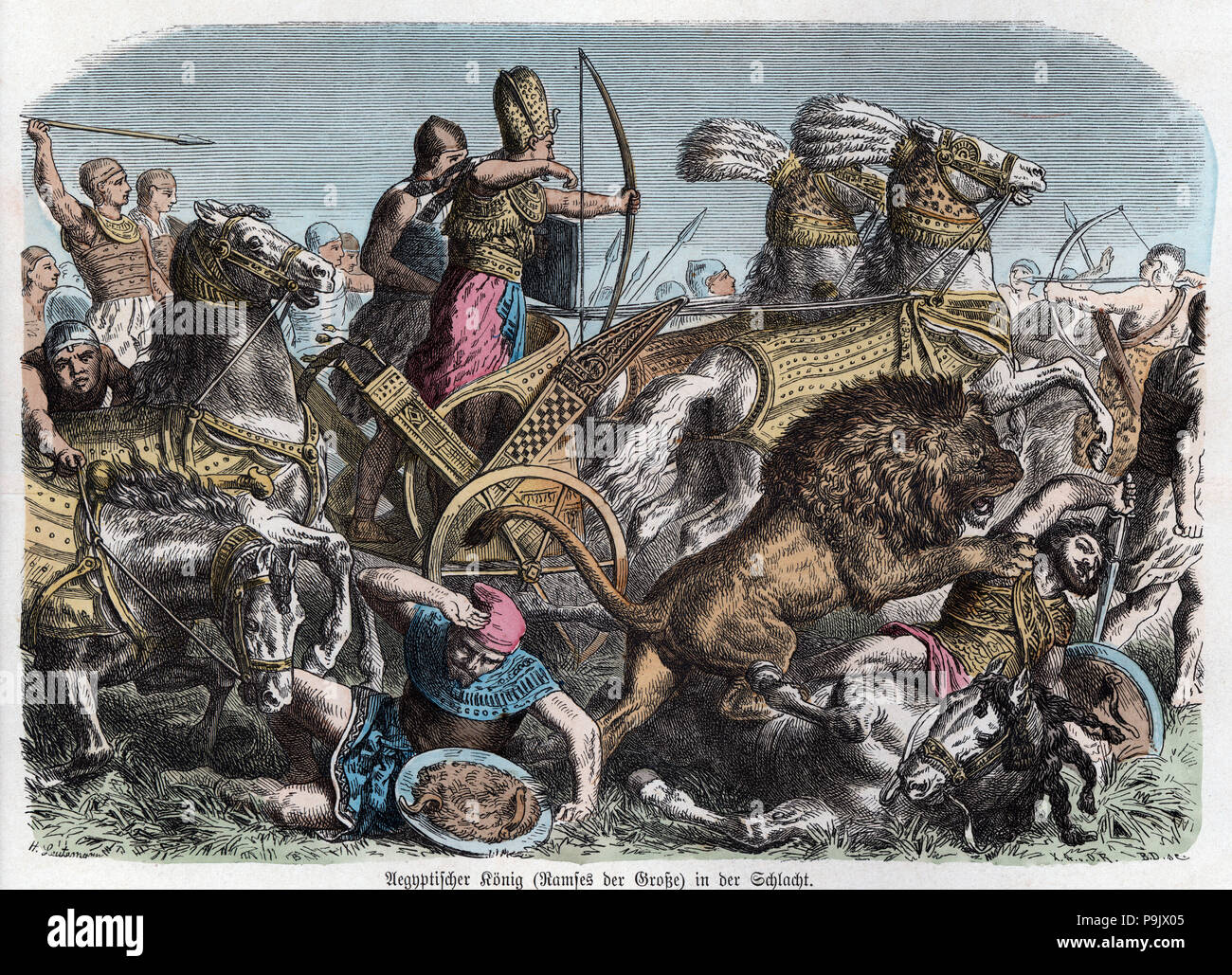 Ancient History. Egypt. King Ramses the Great in a battle. German engraving, 1865. Stock Photo