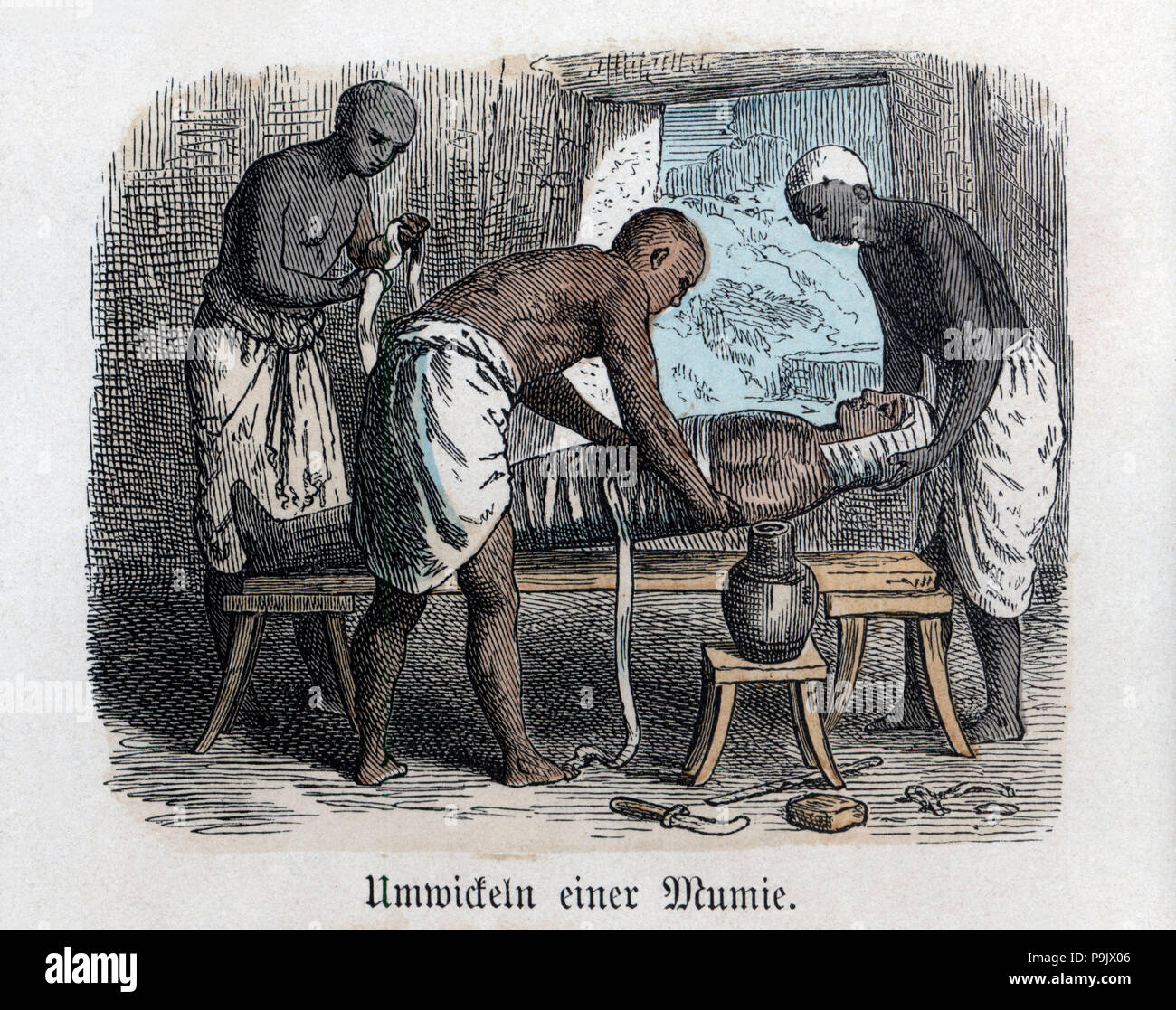 Ancient History. Egypt. Preparing a mummy. German engraving, 1865. Stock Photo
