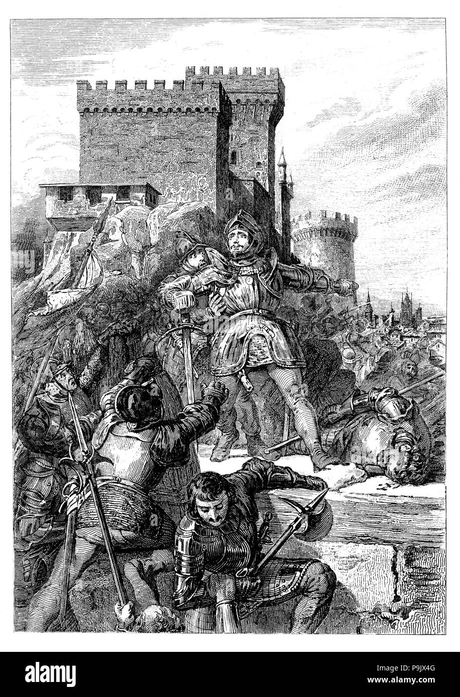 Pierre Terrail Bayard (1476-1524), wounded in Brescia (Italy) against the Spanish on February 19, 1512, engraving from 1853.