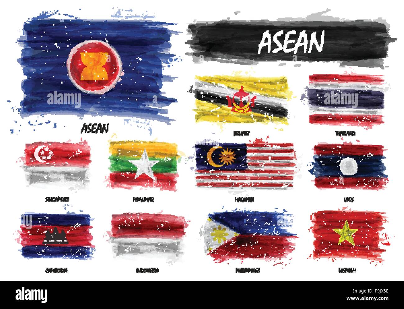 Realistic watercolor painting flag of ASEAN ( Association of Southeast Asian Nations ) and membership on isolated background . Vector . Stock Vector