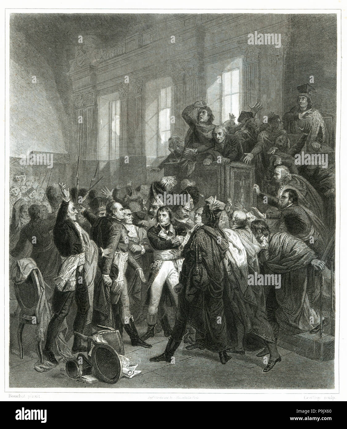 Napoleon Bonaparte is booed in the Council of Five Hundred on November 9, 1799 (18 Brumaire) to m… Stock Photo