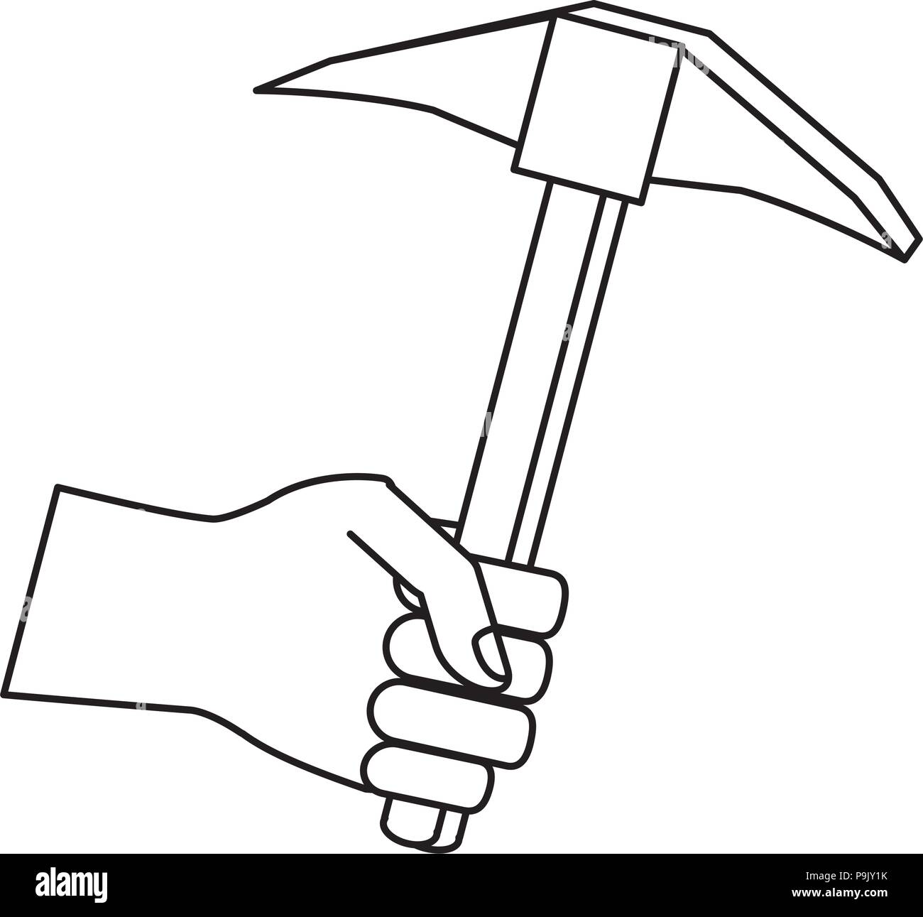 hand holding a pickaxe tool icon over white background, vector