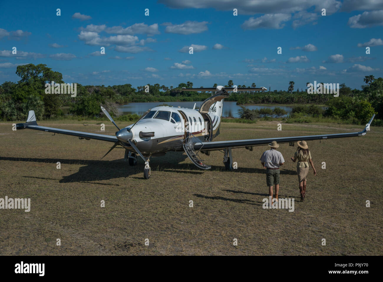 An aerial safari Pilatus PC12 from Coastal Aviation beside Lake Manzie in Tanzania. Stock Photo