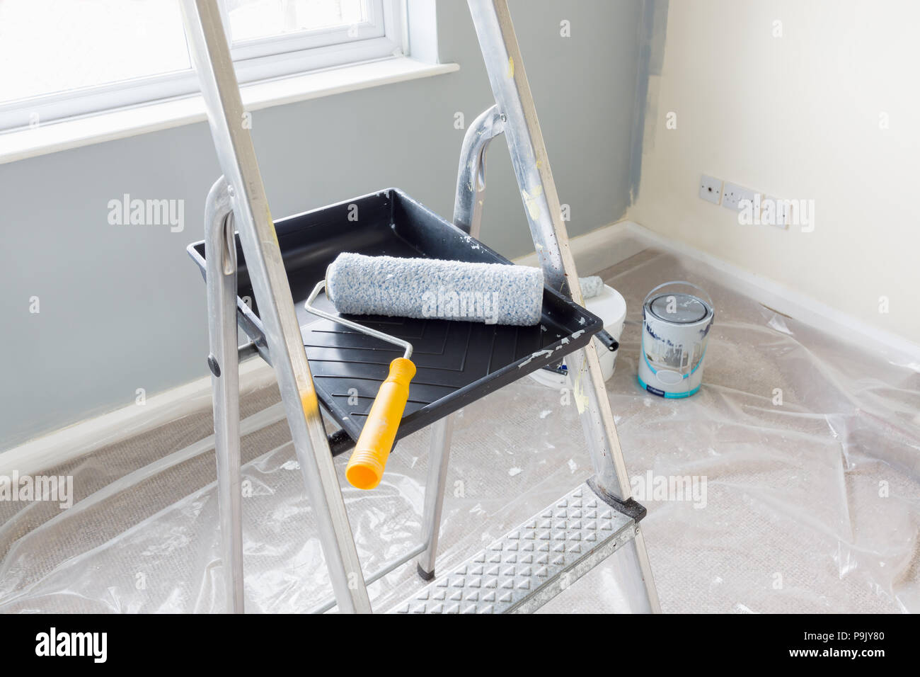 Painting and decorating with a roller and tray on a set of metal step ladders with cans of paint and a dust sheet in the background Stock Photo