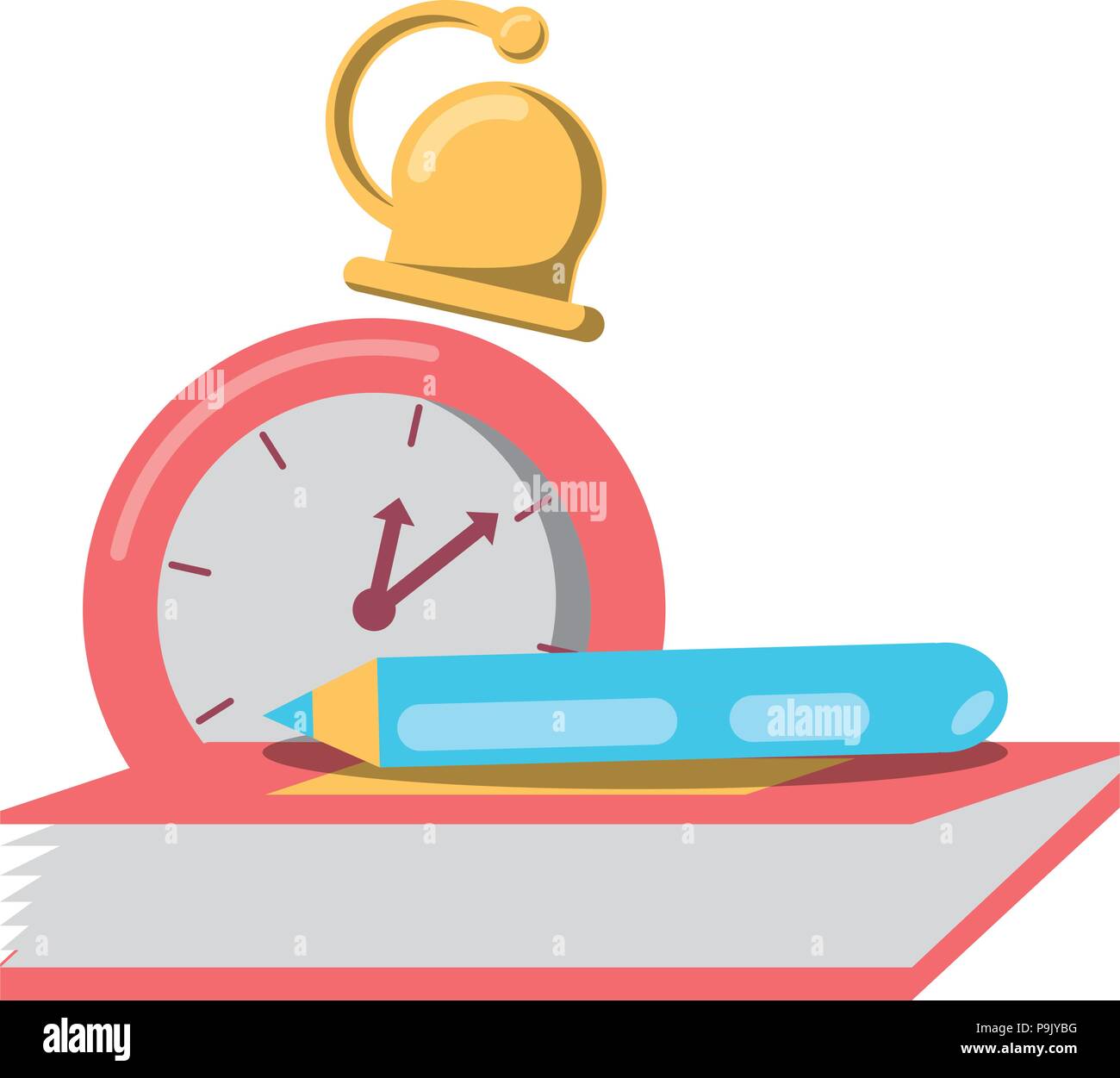 notebook and school bell over white background, vector illustration ...