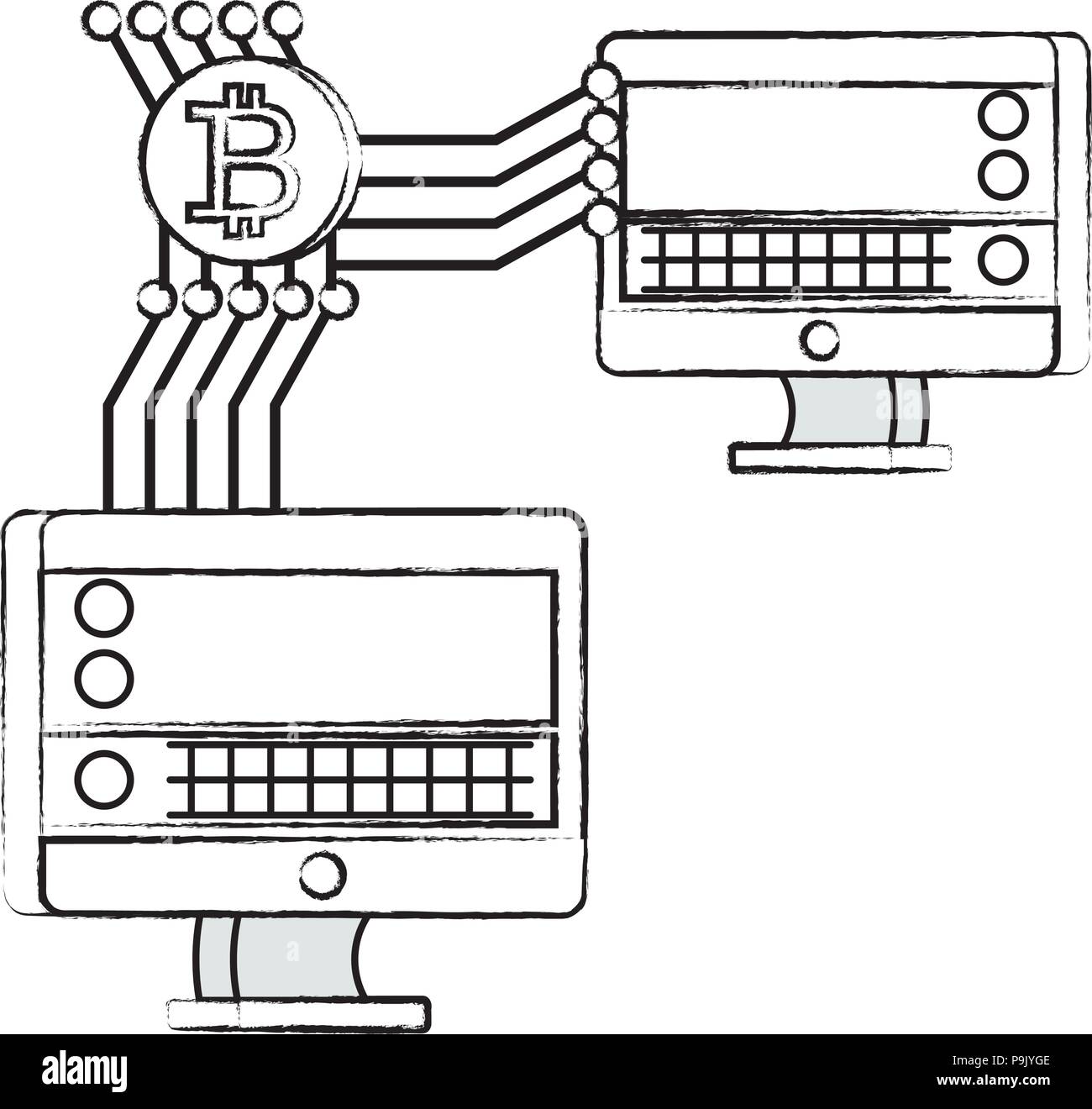computer monitors with cryptocurrency stock market and bitcoin symbol ...