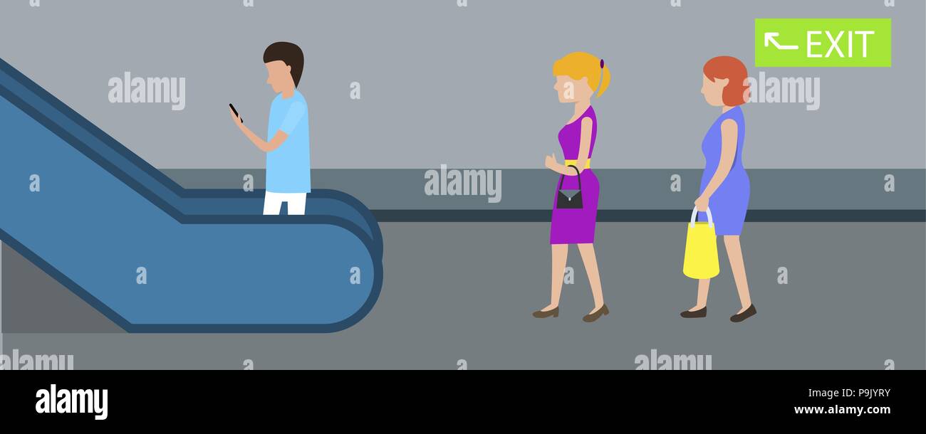 Exit escalator metro banner horizontal, flat style Stock Vector