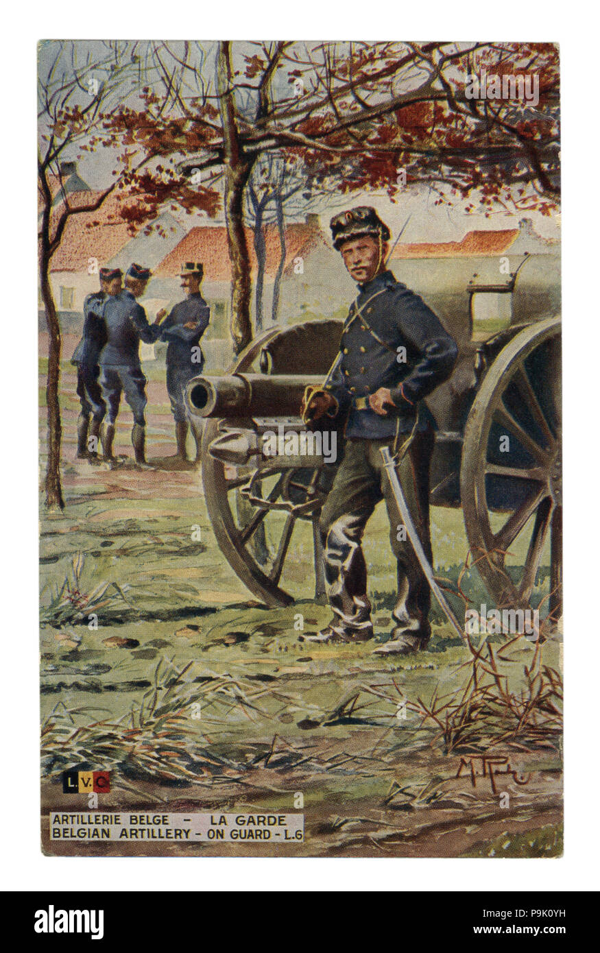 French historical postcard: Belgian artillery on guard. Artillery piece. A soldier with a sabre unsheathed in the post. world war one 1914-1918. Stock Photo