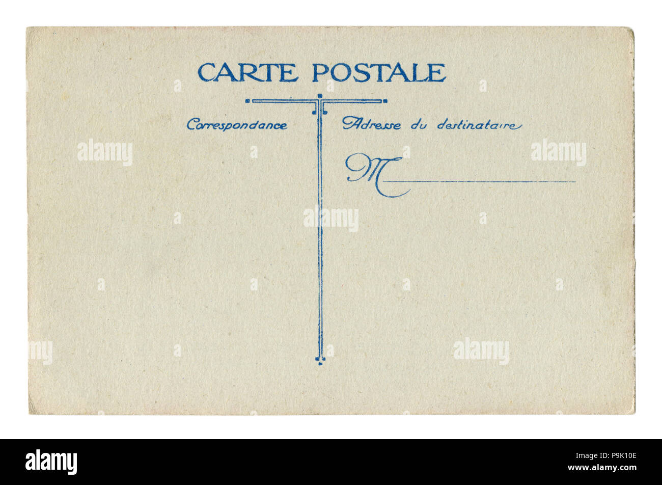 Back of historical French postcard: blank card with correspondence and address boxes on grey old paper, the beginning of the 20th century. France Stock Photo