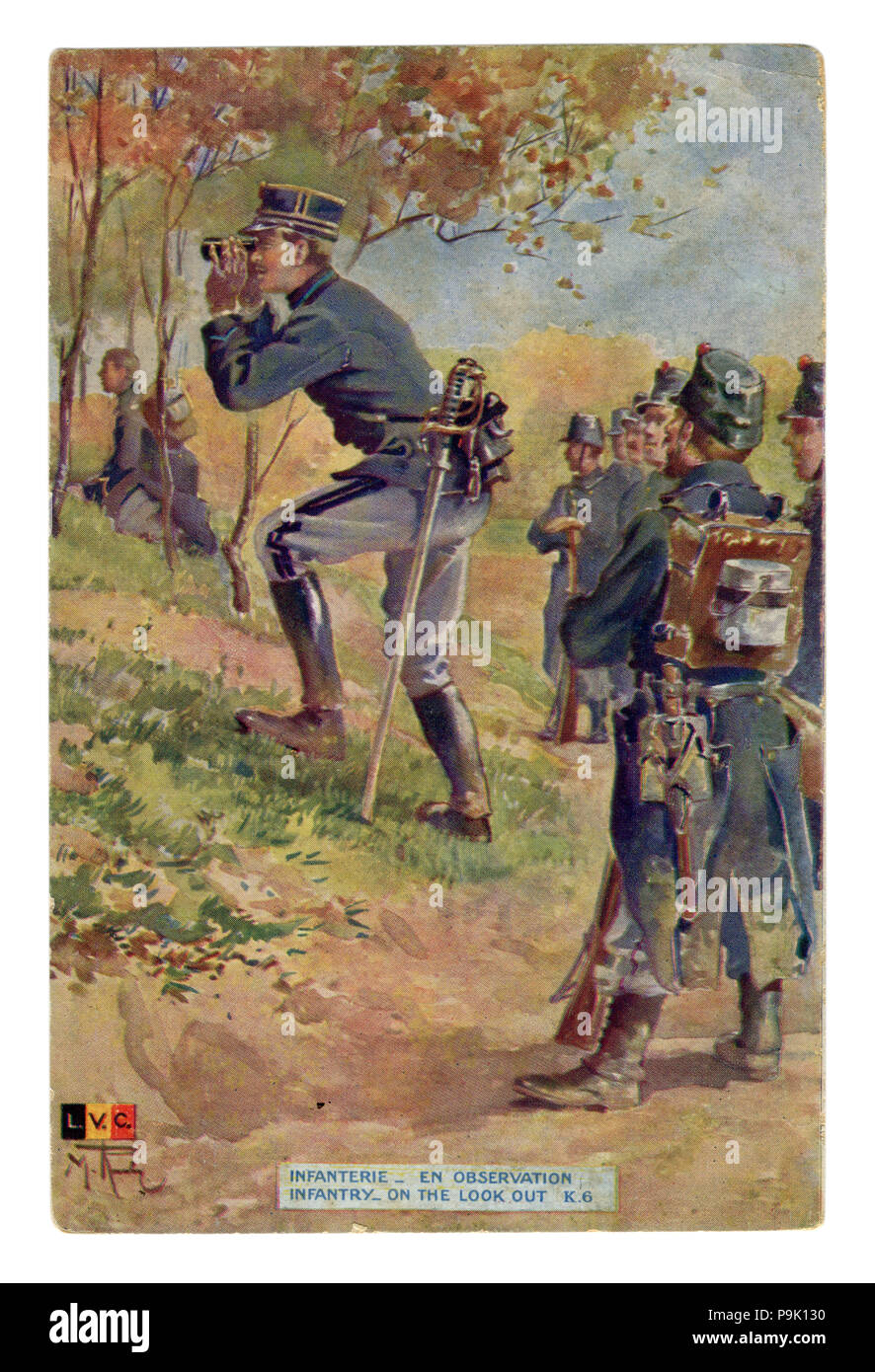 French historical postcard: 'infantry on the look out' Soldiers of the Belgian army in the woods are watching the enemy. world war one 1914-1918. Stock Photo
