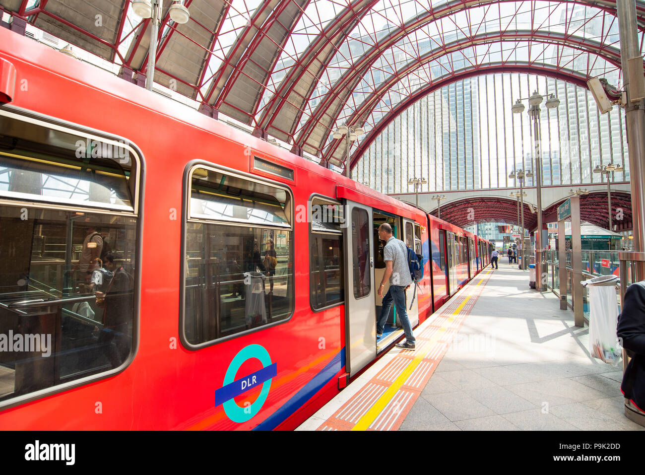 DLR train at Canary Wharf Station, London, UK Stock Photo