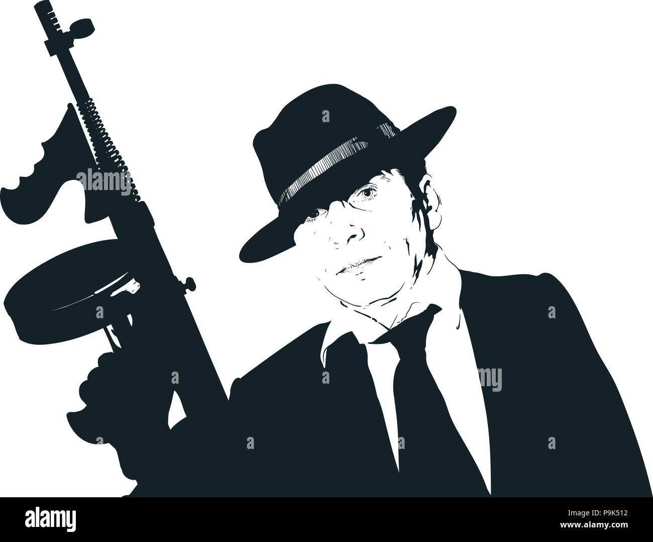 Strict classical mafia in a hat and suit with a tie with a gun Tommy gan in his hand Stock Vector