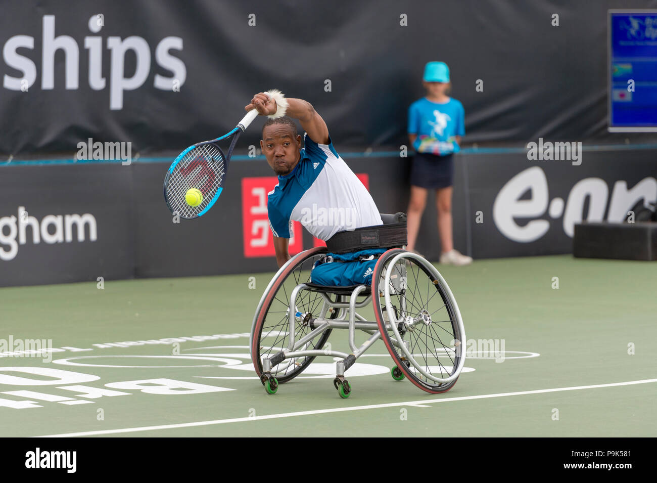 Lucas Sithole in Action in the quad division at the Nottingham tennis centre in the British Open of the Wheelchair Tennis Championships July 2018 Stock Photo