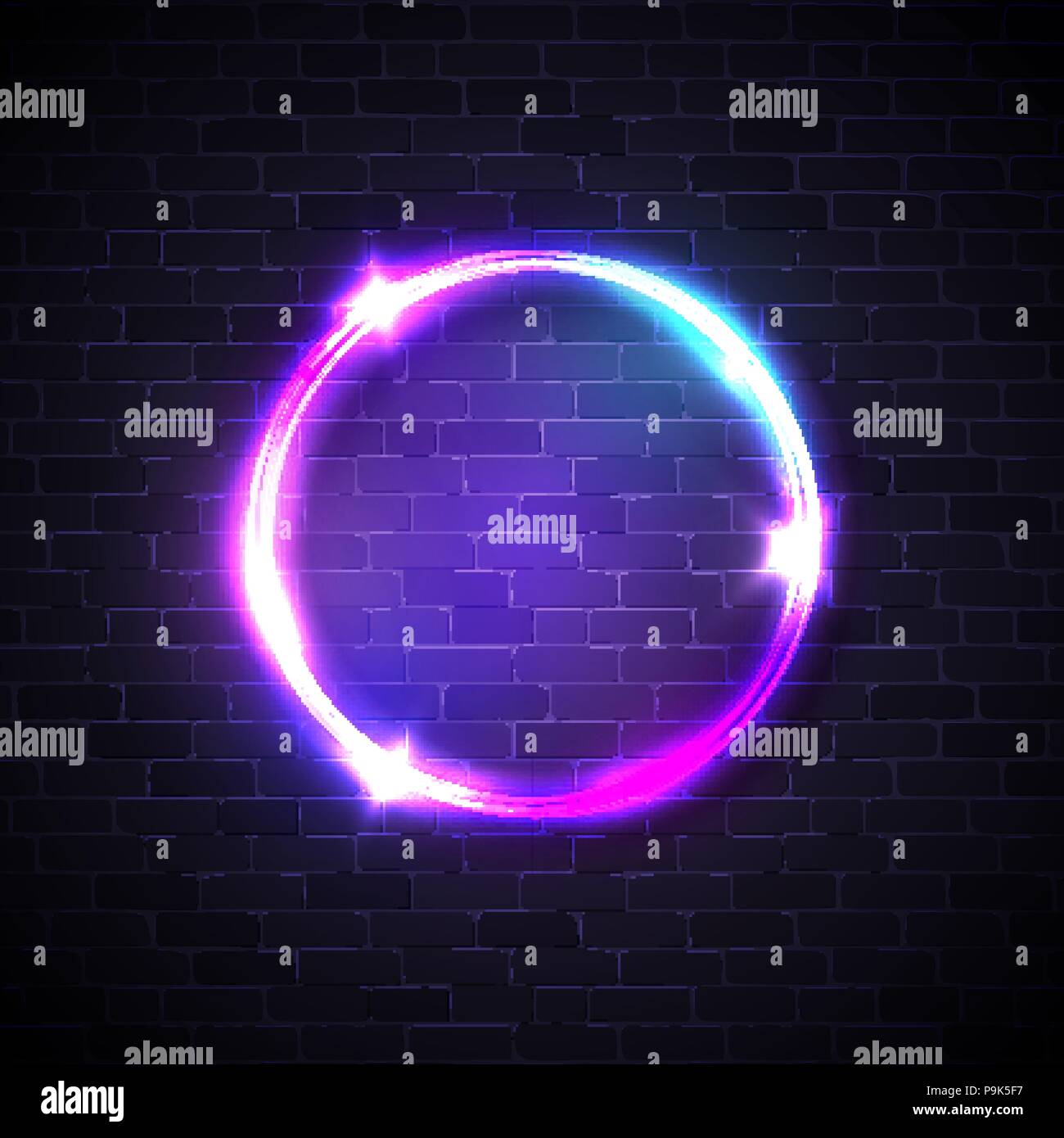 Neon lights sign. Circle background on brick wall. Electricity effect.  Glowing electric led lights banner. Round frame with sparkle flash. Bright circle  logo design. Abstract night vector illustration Stock Vector Image &