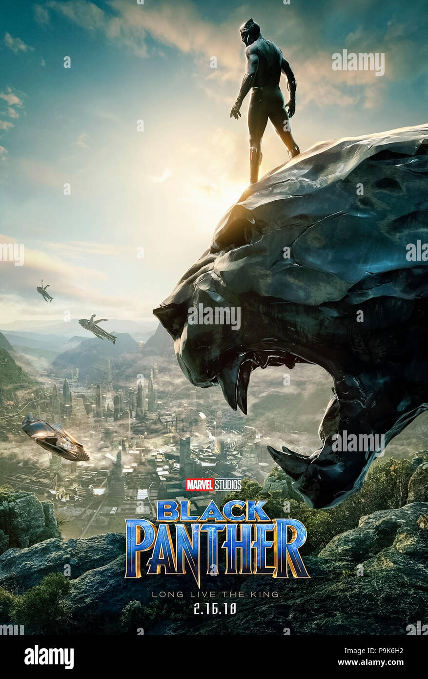 Black Panther (2018) directed by Ryan Coogler and starring Chadwick Boseman, Michael B. Jordan and Lupita Nyong'o. T'Challa uses the powers of vibranium to prevent them being misused; long live the King! Stock Photo
