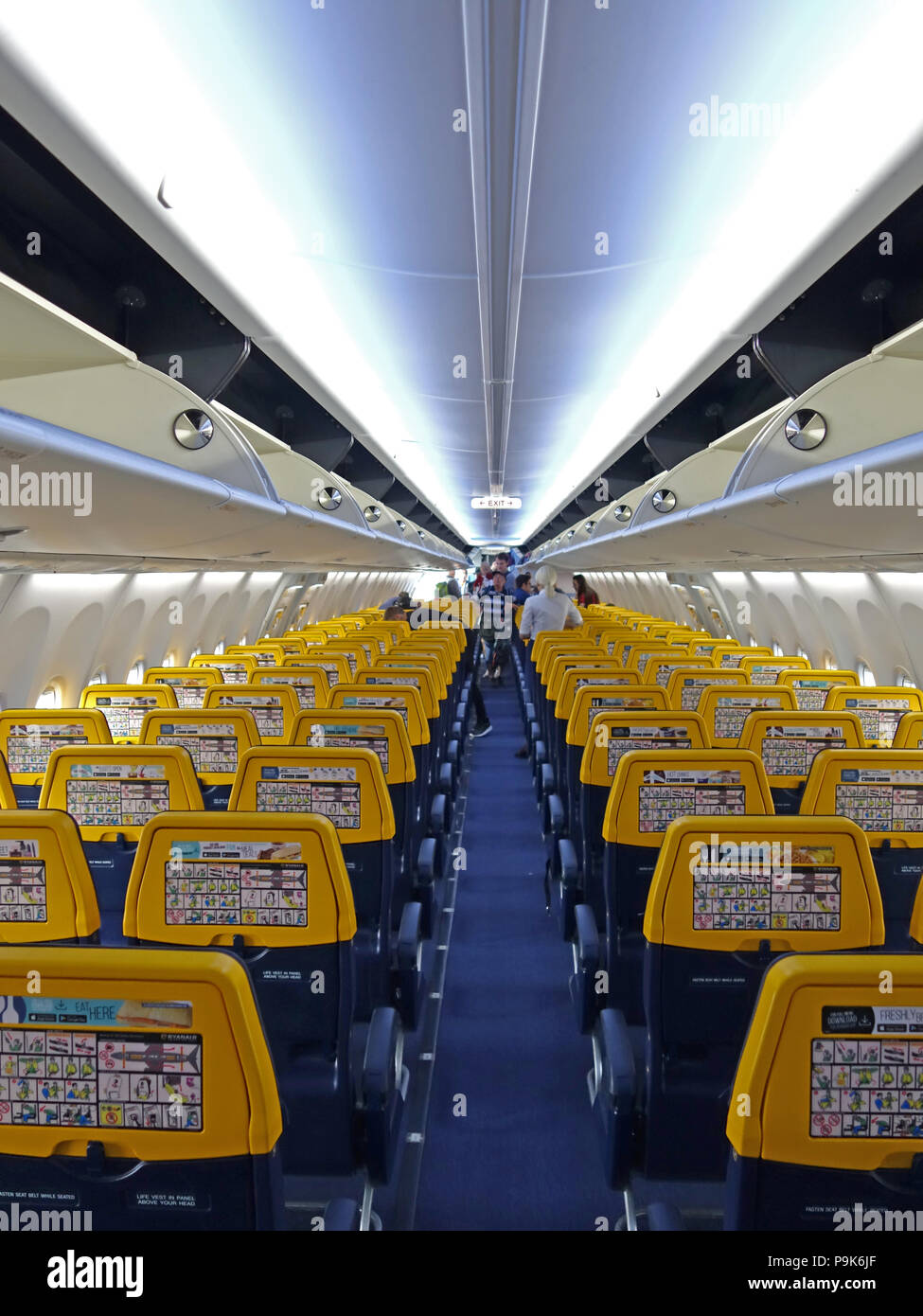 Empty Airplane cabin on a Ryanair flight, photograph showing all the