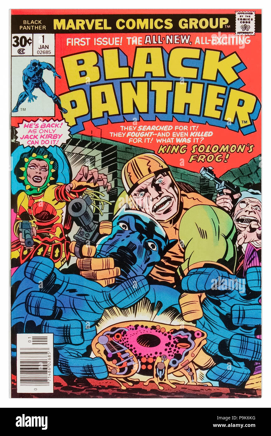 ‘Black Panther’ Marvel Comics Issue 1 published 10 January 1977 artwork and story by Jack Kirby (1917-1994). The Black Panther helps Abner Little retrieve King Solomon’s frog only to discover it is a time machine! Stock Photo