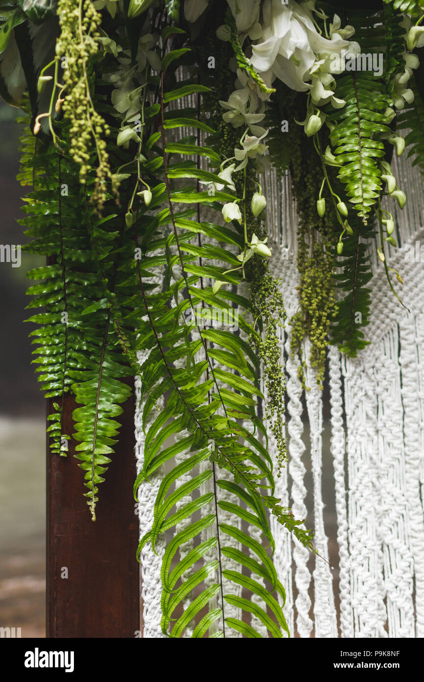 Wedding arch decoration with tropical flowers and plants, leaves of monstera and fern Stock Photo