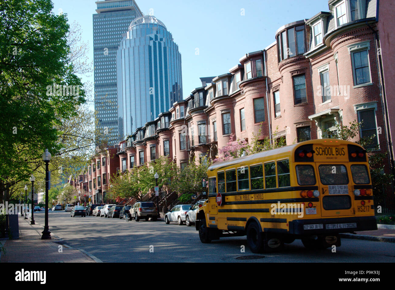 School bus in downtown Boston, MA Stock Photo