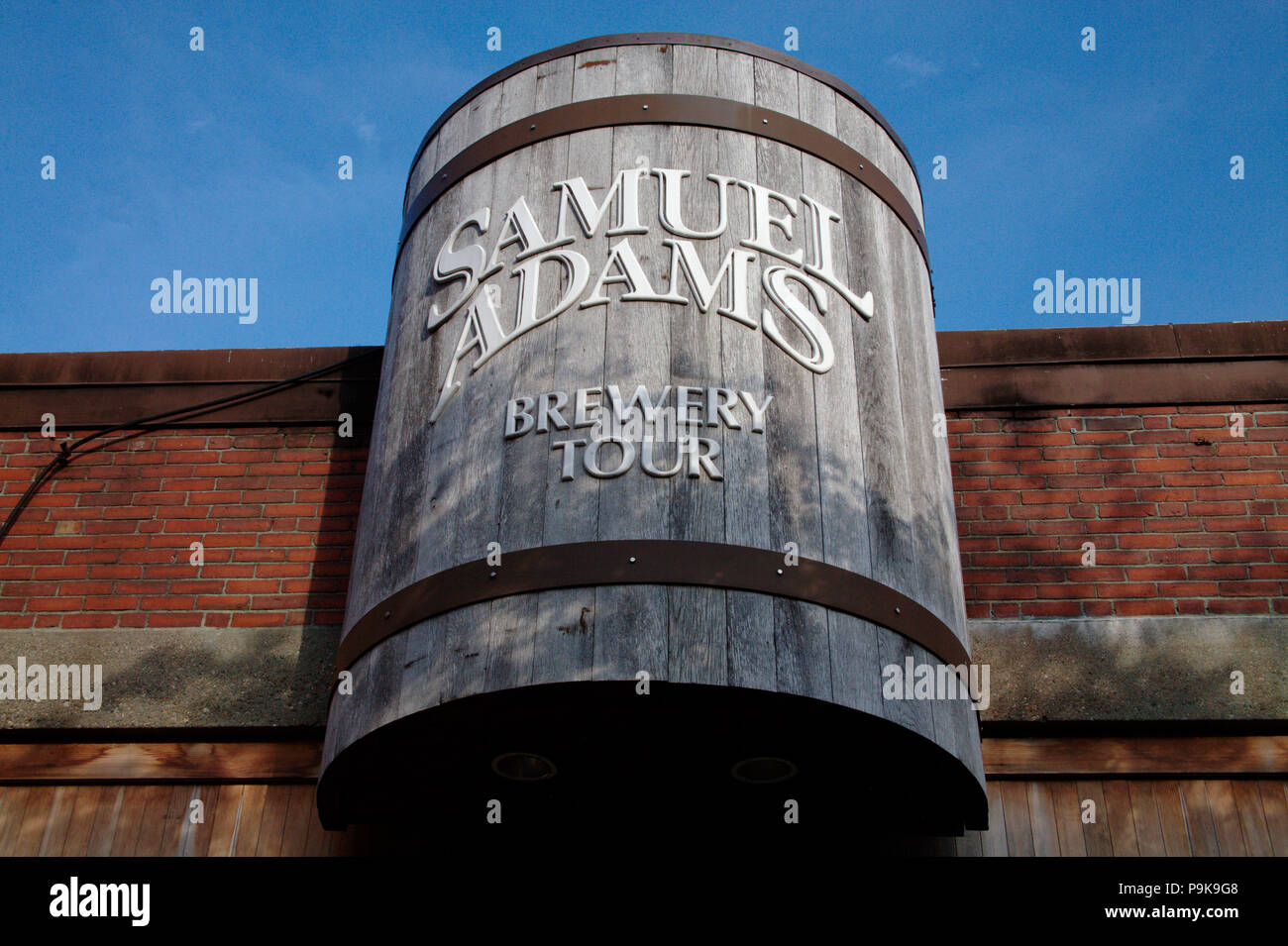 Wooden barrel sign on the facade of Samuel Adams Brewery in Boston, MA Stock Photo