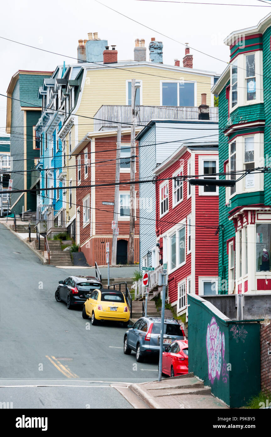 Jellybean Row or colourful houses on the steep Holloway Street in St John's, Newfoundland Stock Photo