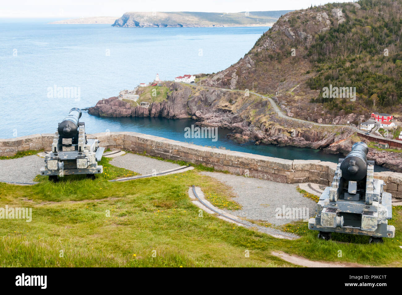 Cannon at the Battery on Signal Hill overlook the entrance to St John's harbour, Newfoundland Stock Photo