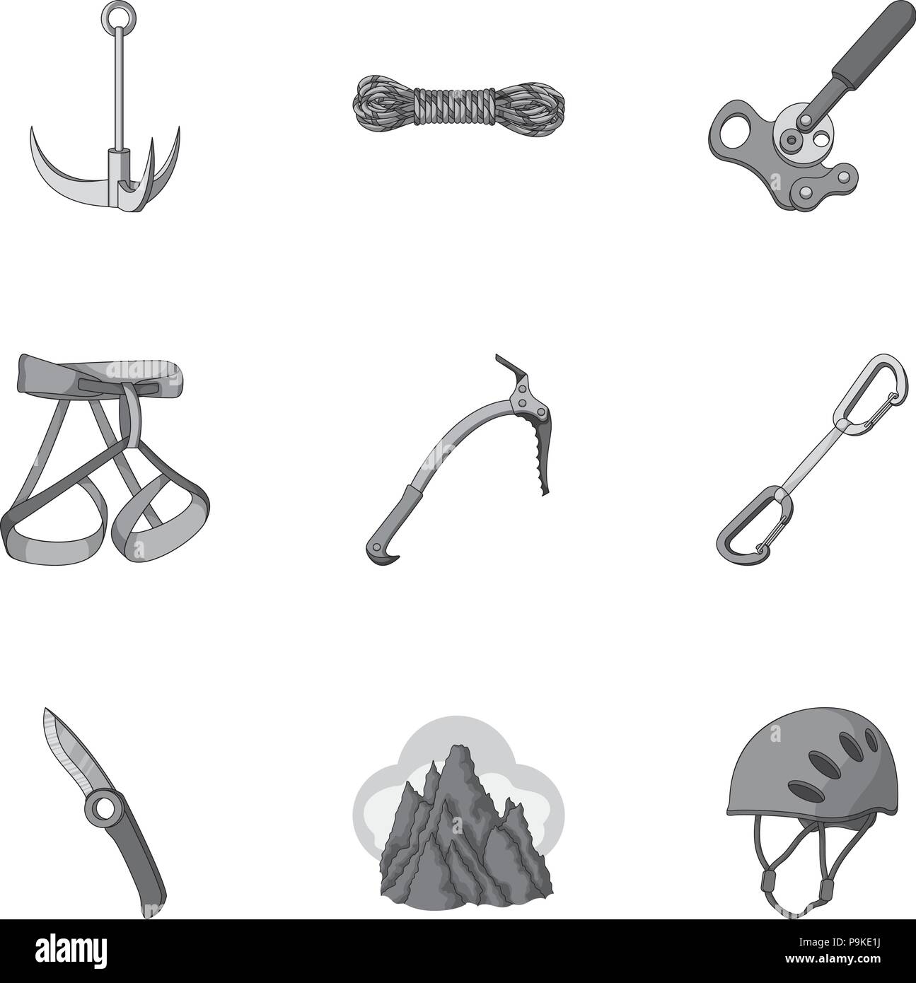 ax,boots,bunch,carbine,clamp,climber,climbing,clog,clouds,collection,conquered,conquest,crampons,different, equipment ,glacier,hammer,hank,helmet,hook,ice,icon,illustration,insurance,isolated,jumar,kinds,knife,logo,monochrome,mountain, mountaineering