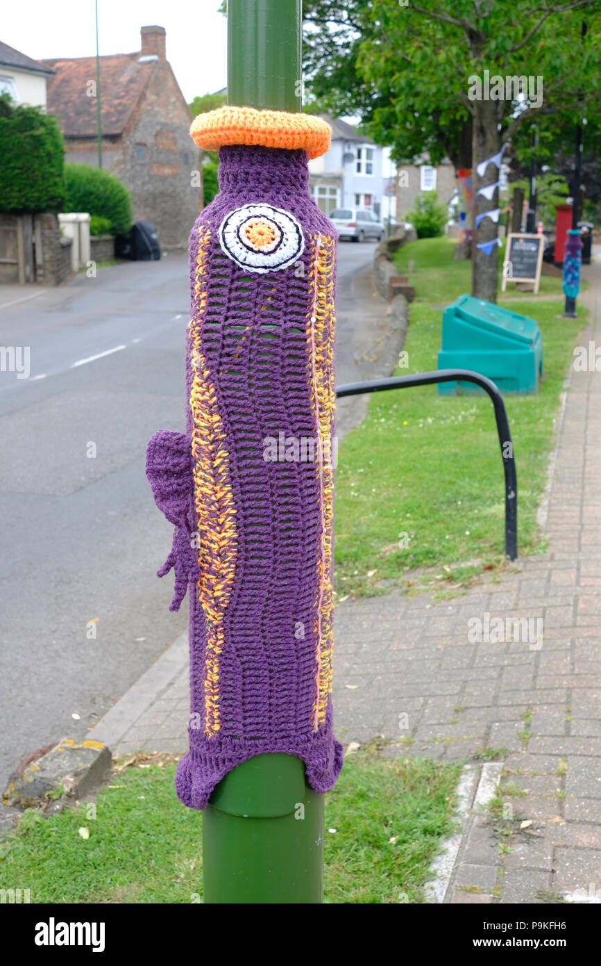 East Preston, West Sussex, England. Yarn bombing in village as part of festival celebrations. Stock Photo