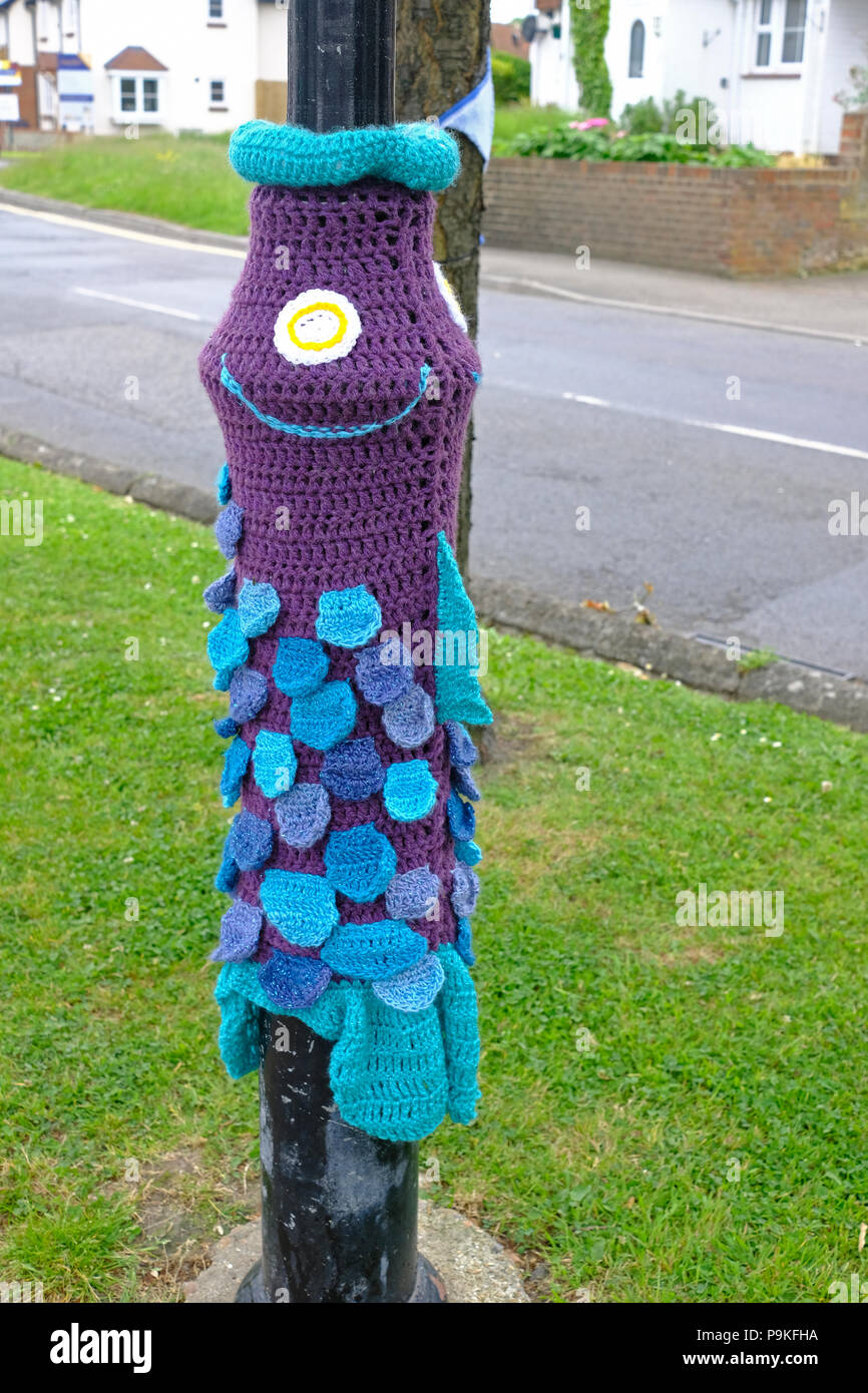 East Preston, West Sussex, England. Yarn bombing in village as part of festival celebrations. Stock Photo
