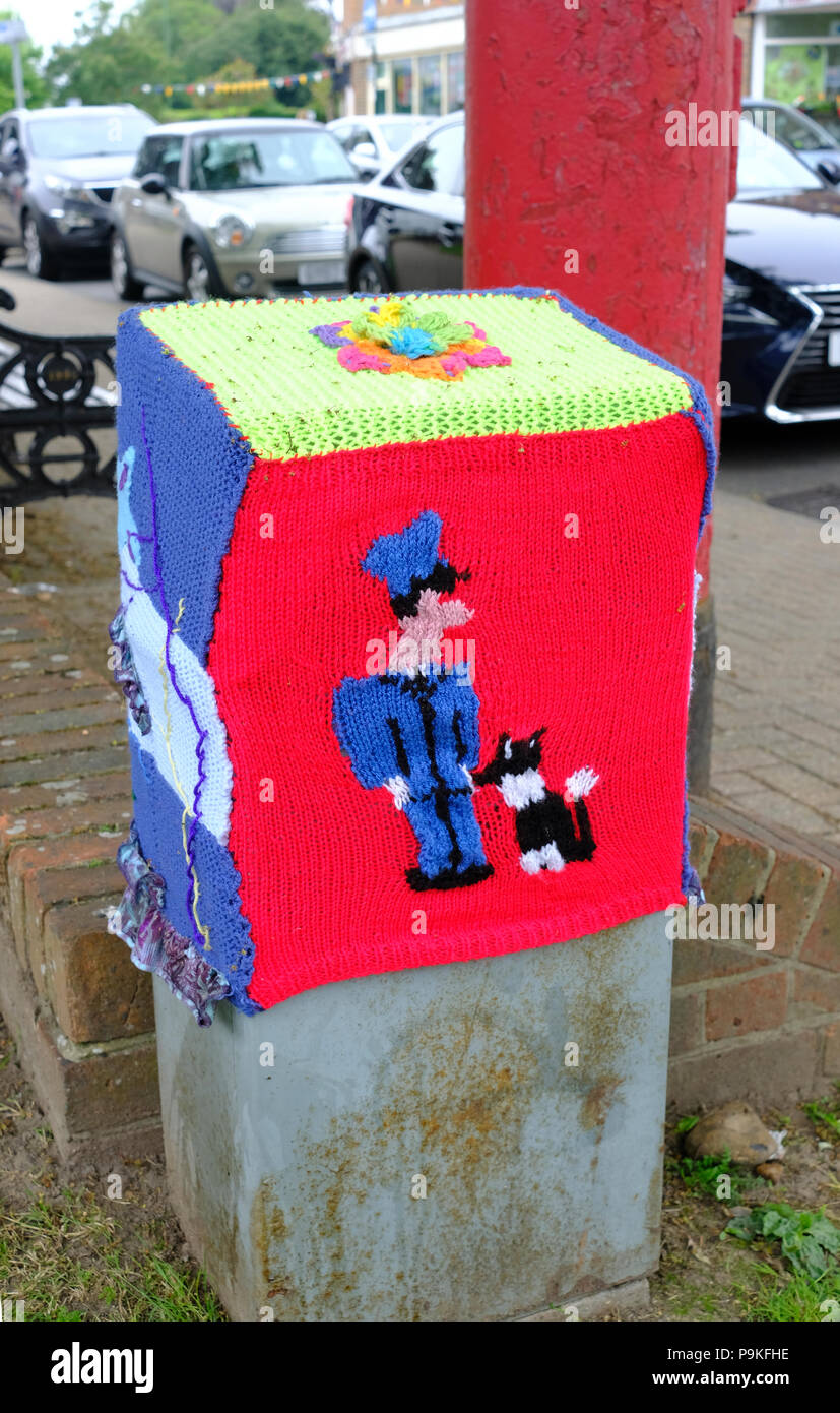 East Preston, West Sussex, England. Yarn bombing in village as part of festival celebrations. Stock Photo